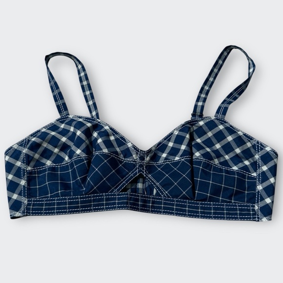 TORY BURCH Picnic Plaid Bra Top ASO J Lo Silk Vintage-Inspired Retro Blue S 4 - Picture 5 of 9